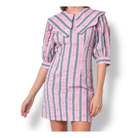Ganni Mini Dress Sz 42 (US 10 / M-L) Pink Blue Striped MSRP $295 Cottagecore - Picture 1 of 15